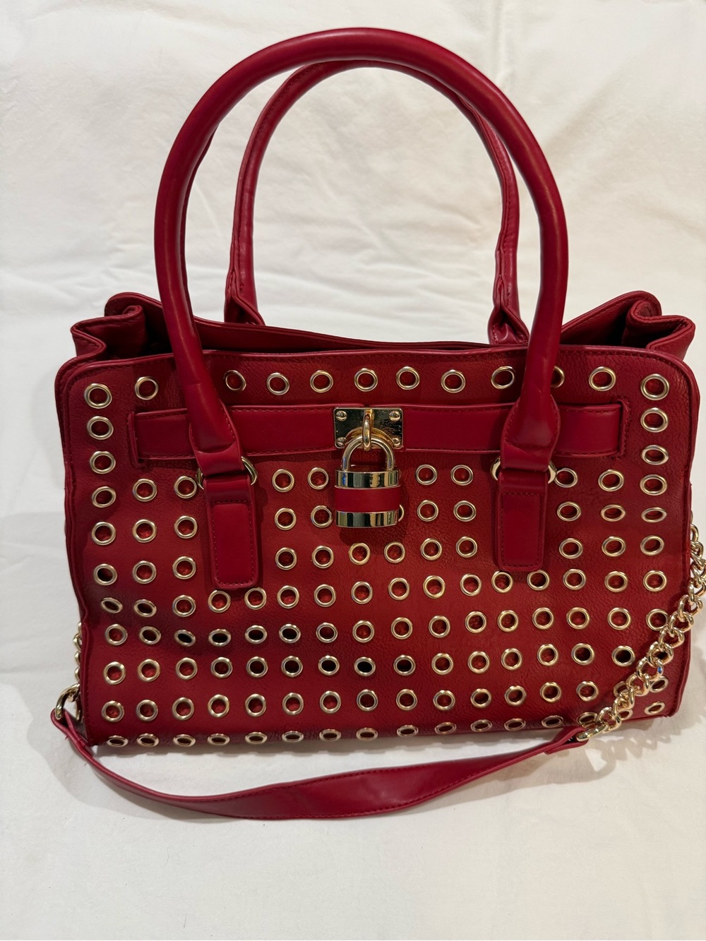 JustFab Red Studded Satchel with Gold Hardware